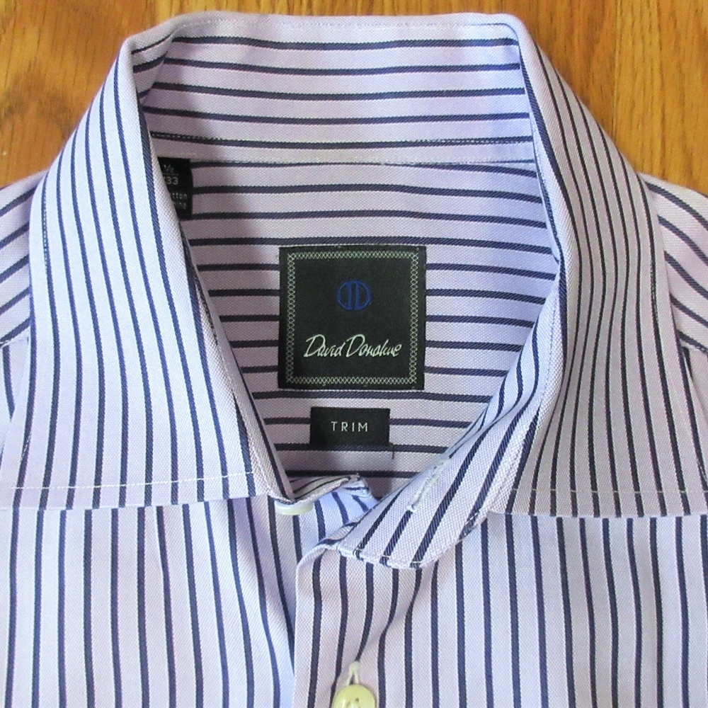 David Donahue White Dress Shirt with Navy Pinstripes